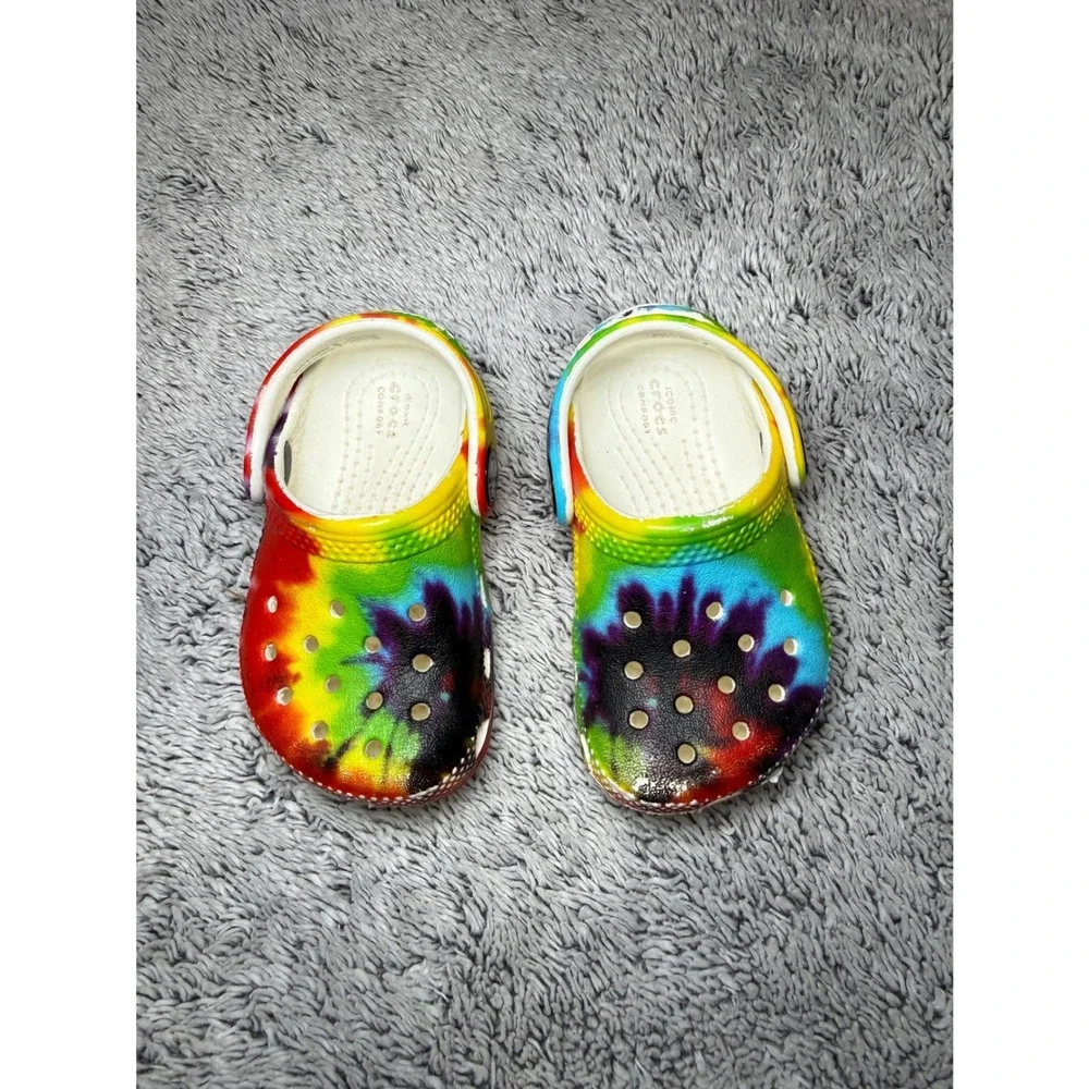 Crocs Classic Clog Toddler Kids C4 Rainbow Tie Dye Slip‎ On Shoes